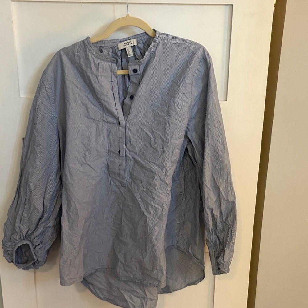 COS Light Blue and white striped half button Blouse